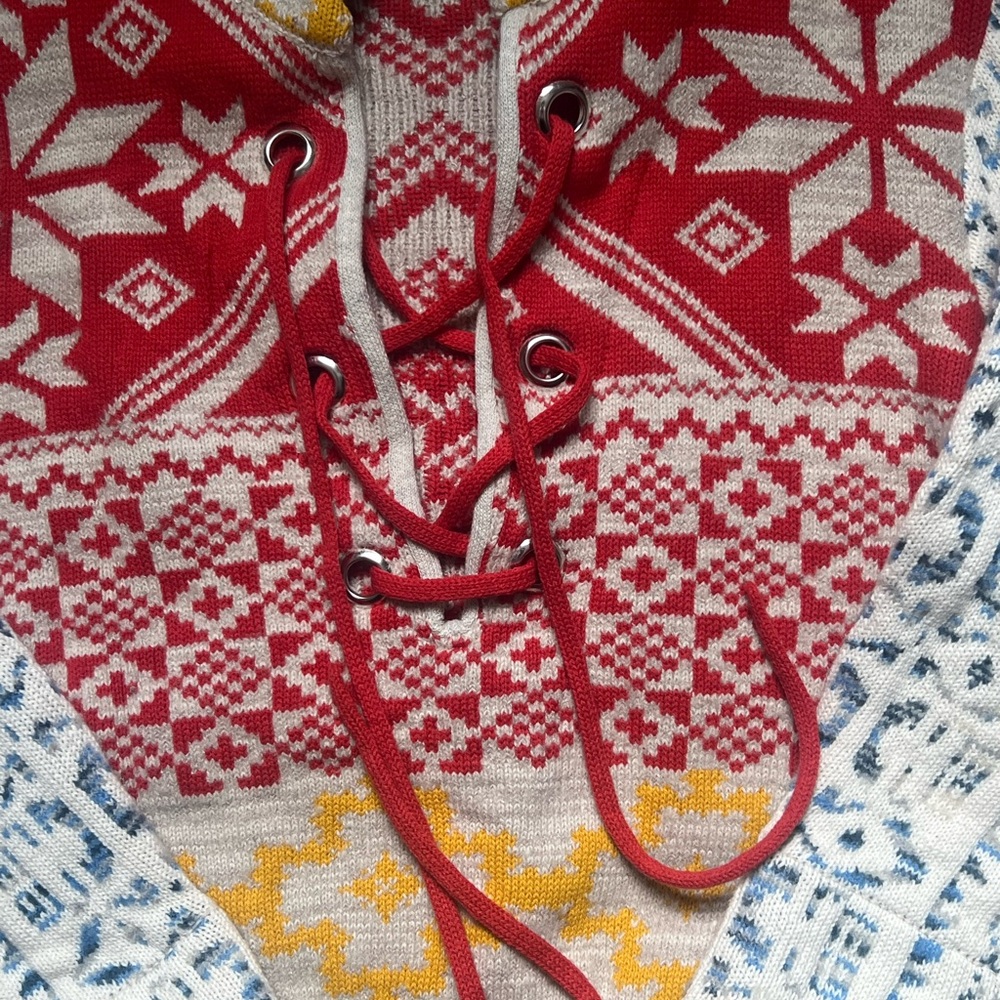 BDG Red, Cream & Blue Nordic Lace-Up Sweater with Yellow Accents - Picture 3 of 3